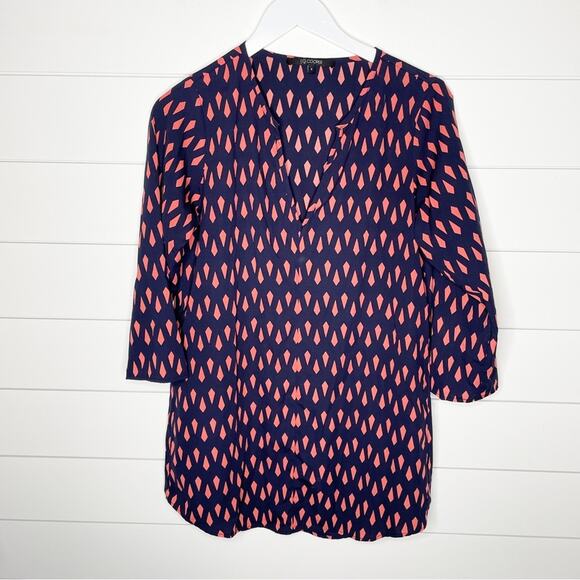 19 Cooper Tops - 19 Cooper Clemency Diamond Print Split Neck Tunic Top Navy Orange Size Small